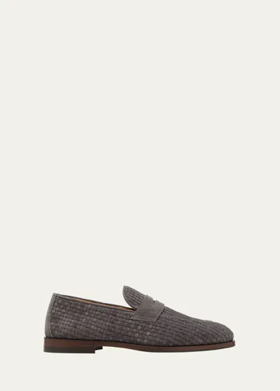 Brunello Cucinelli Woven Suede Penny Loafers In Grey
