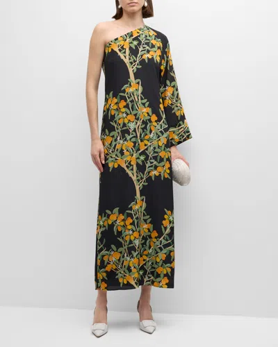 Bernadette Lola One-sleeve Printed Silk-crepe Maxi Dress In Kumquat Black