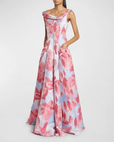 Talbot Runhof Floral Jacquard Off-the-shoulder Gown In Azalea Pink