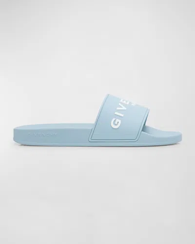 Givenchy Men's Leather Logo Slide Sandals In Sky Blue