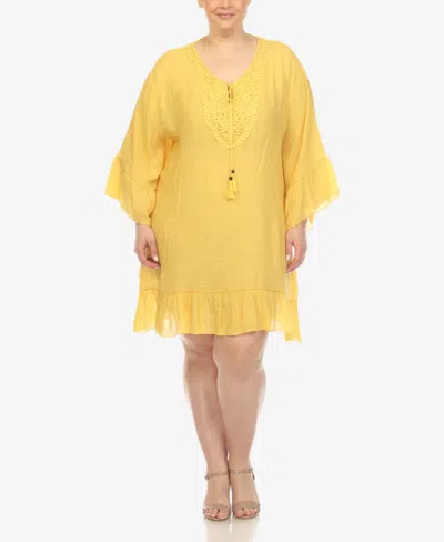 White Mark Plus Size Sheer Embroidered Knee Length Cover Up Dress In Yellow