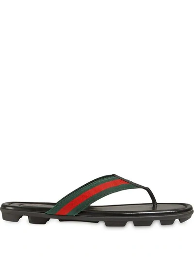 Gucci Men's Web Leather Thong Sandals In Black
