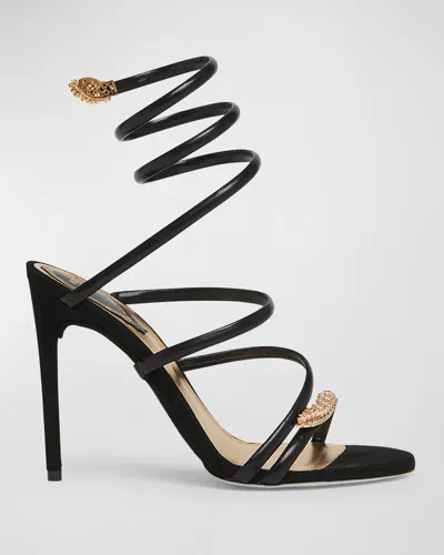 René Caovilla Serpente Leather Crystal Ankle-wrap Sandals In Black/gold