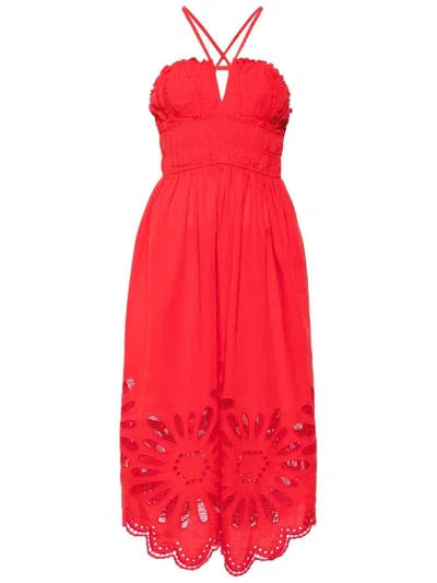 Ulla Johnson Beatrice Cross-back Floral Embroidered Midi Halter Dress In Red