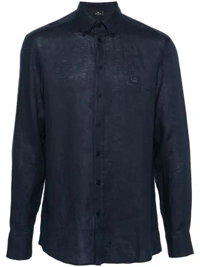 Etro Pegaso-embroidered Linen Shirt In Blue