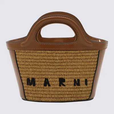 Marni Brown Canvas And Leather Tropicalia Mini Top Handle Bag In Raw Sienna