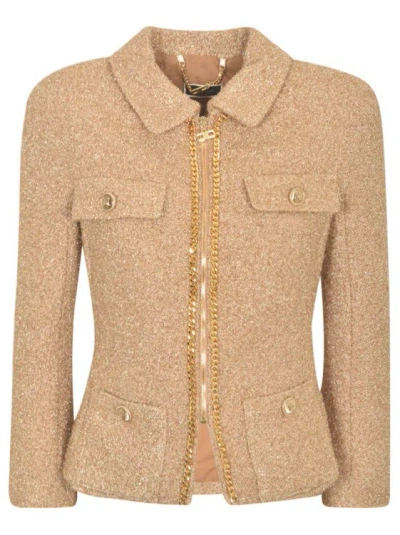 Elisabetta Franchi Cropped Tweed Jacket In Gold
