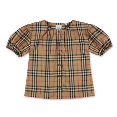 Burberry Kids Checkered Puff Sleeved Twill Blouse In Beige