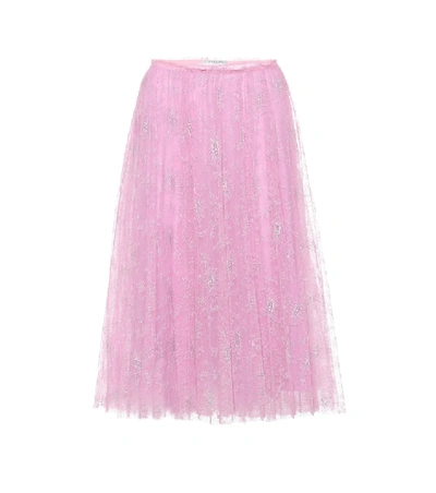 Valentino Metallic Floral Embroidered Tulle Midi Skirt In Pink