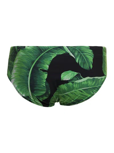 Dolce & Gabbana Green Banana Leaf Print Swim Trunks In Polyester Man