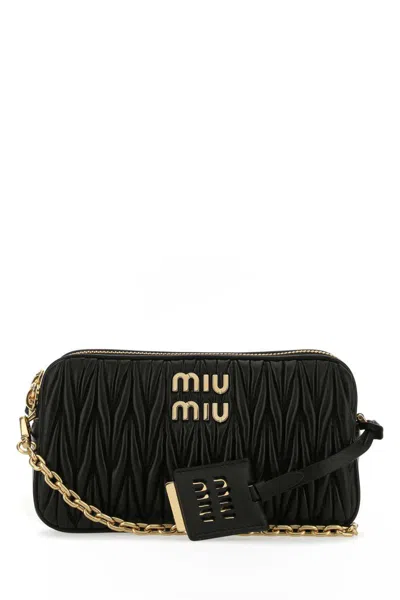 Miu Miu Matelassé Logo Plaque Mini Shoulder Bag In Black
