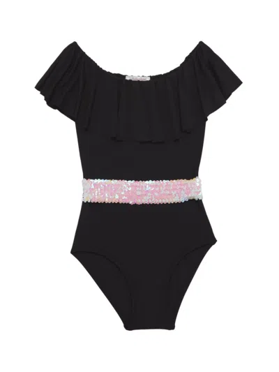 Stella Cove Little Girl's & Girl's Ruffle Sequined One-piece Swimsuit In Black