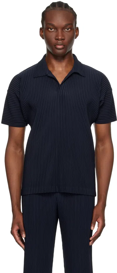 Issey Miyake Pleated Polo Shirt In Blue