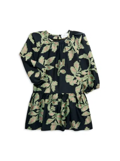 Tanya Taylor Kids' Girl's Leaf Print Silk Blend Drop Waist Dress In Black Multi