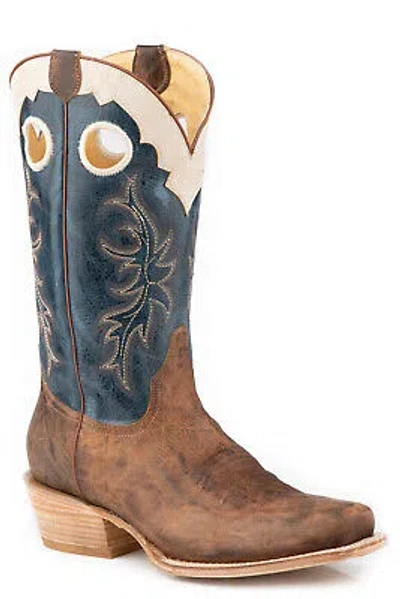 Pre-owned Roper Mens Ride Em Tan Leather Cowboy Boots In Brown