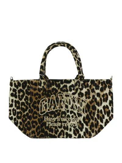 Ganni "leopard" Tote Bag In Brown