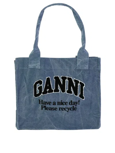 Ganni Oversized Tote In Canvas In Blue