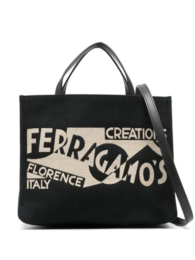Ferragamo Small Venna-jacquard Tote Bag In Black