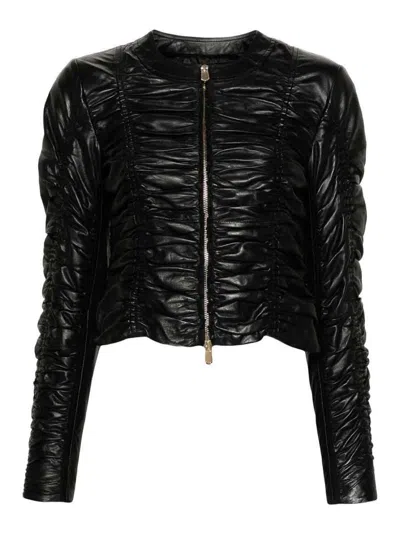 Pinko Ruched Leather Jacket In Black