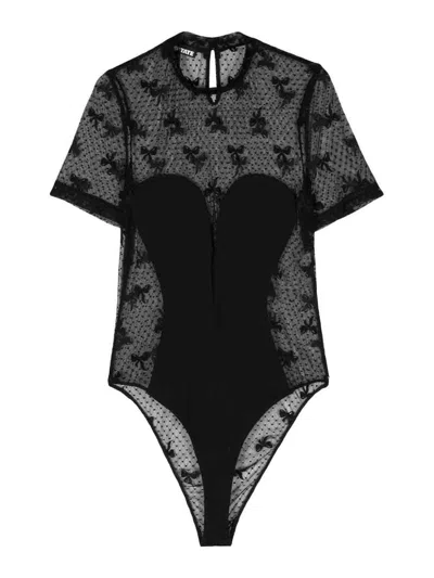 Rotate Birger Christensen Bow-embroidered Mesh Body In Black