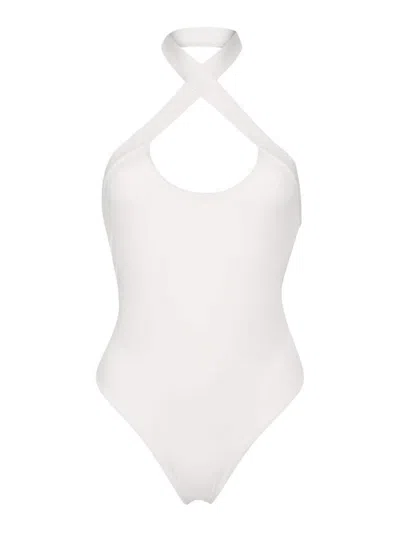 Off-white Halterneck Open-back Swimsuit In Brown