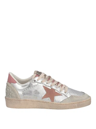 Golden Goose Laminated Leather Sneakers With Suede Patch In Silver