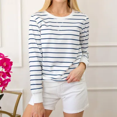 Dear Lover Round Neck Striped Ribbed Trim Long Sleeve Top In White