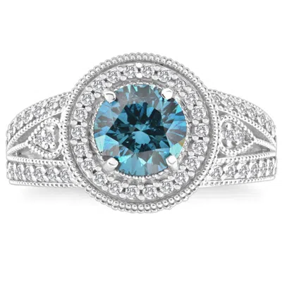 Pompeii3 2 3/4ct Blue & White Diamond Halo Vintage Engagement Ring 10k White Gold