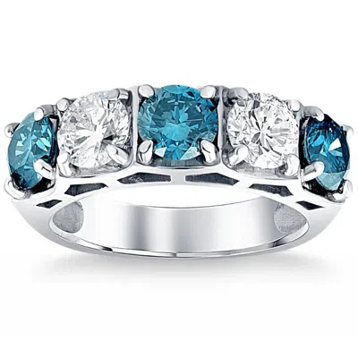 Pompeii3 3 1/4ct Blue Diamond Wedding Ring White Gold Lab Grown Anniversary 5-stone Band In Multi
