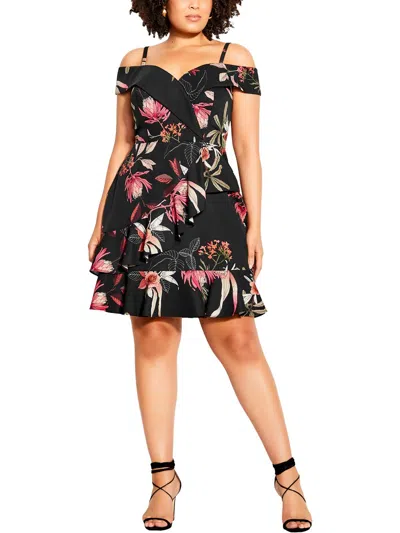 City Chic Plus Womens Cascade Ruffle Polyester Mini Dress In Multi