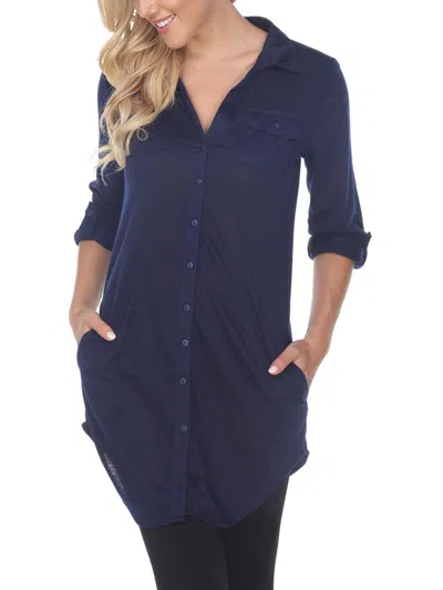 White Mark Lakota Womens Stretch Polyester Button-down Top In Blue
