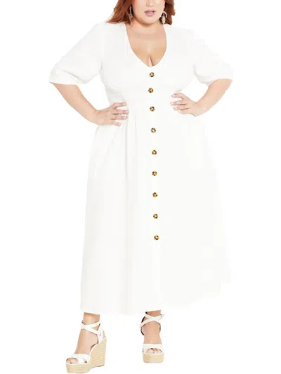 City Chic Plus Womens Button Linen Maxi Dress In White
