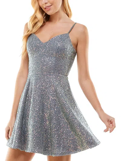 City Studios Juniors Womens Sequined Polyester Fit & Flare Dress In Silver