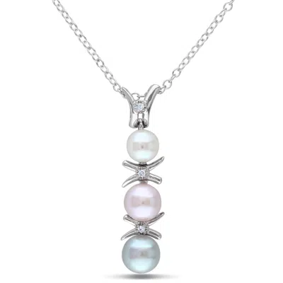 Mimi & Max White, Pink And Grey Cultured Freshwater Pearl And Diamond Drop Necklace In Sterling Silver In Blue