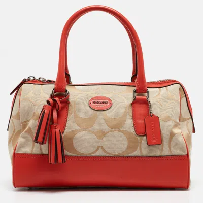 Coach /beige Signature Canvas And Leather Haley Satchel