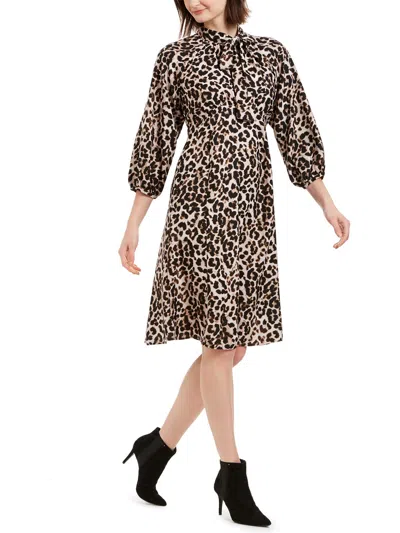 Calvin Klein Womens Bishop Sleeve Animal Print Midi Dress In Brown