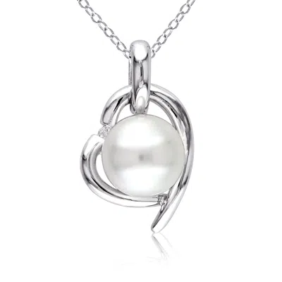 Mimi & Max 8.5-9mm White Cultured Freshwater Pearl And Diamond Heart Necklace In Silver
