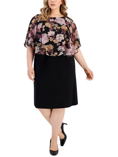 Connected Apparel Plus Womens Floral Print Knee Length Sheath Dress In Black