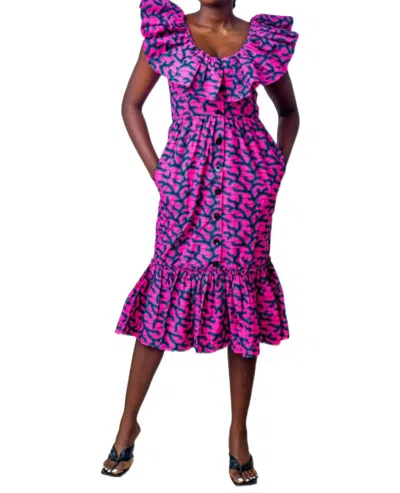 Elisamama Fola Midi Dress In Pink And Navy In Multi