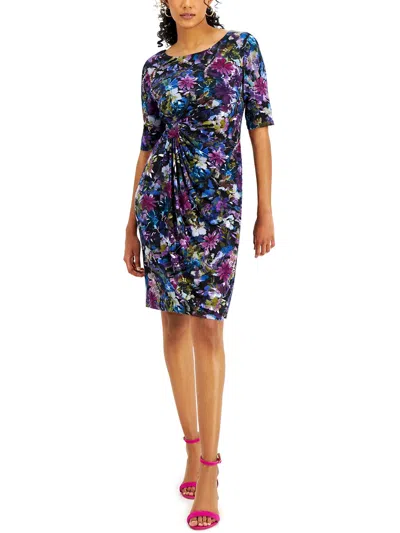 Connected Apparel Petites Womens Floral Gathered Sheath Dress In Blue