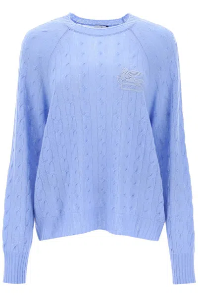 Etro Cashmere Sweater With Pegasus Embroidery In Celeste