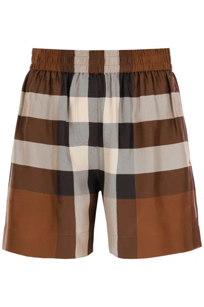 Burberry Exploded Check Silk Shorts In Marrone