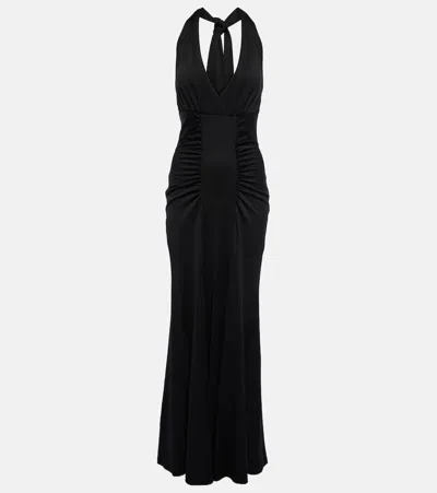Diane Von Furstenberg Makayla Ruched Deep V-neck Halter Maxi Dress In Black Black