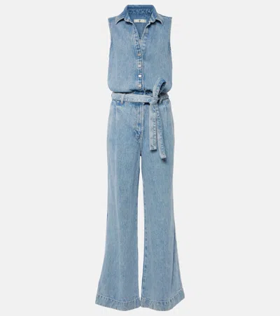 7 For All Mankind Pleated Denim Jumpsuit In Blue