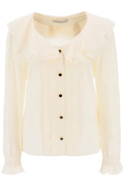 Alessandra Rich Crepe De Chine Blouse With Frills In Bianco
