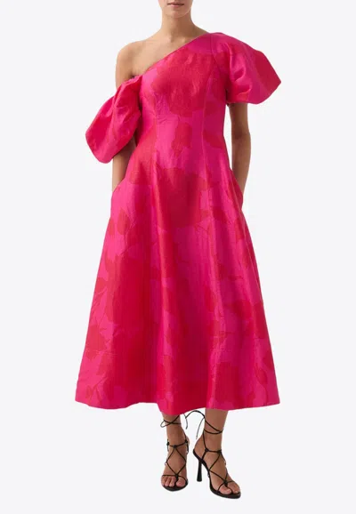 Aje Arista Tulip One-shoulder Floral-print Linen-blend Midi Dress In Pink