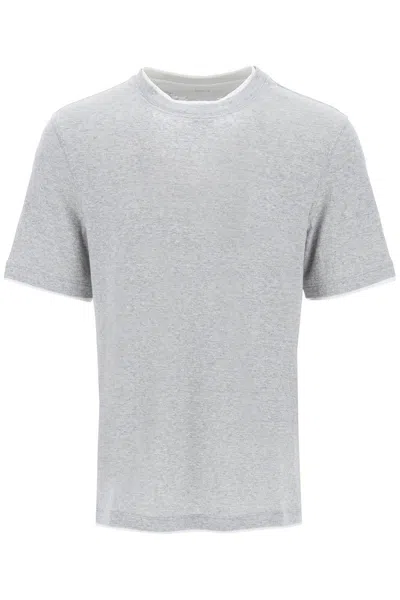 Brunello Cucinelli Overlapped-effect T-shirt In Linen And Cotton In Grigio
