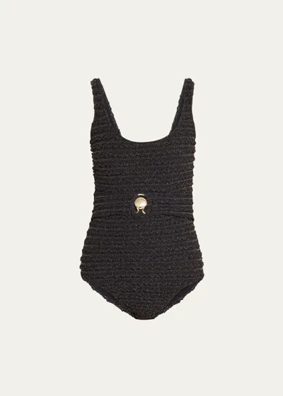 Patbo Belted Metallic Ribbed-knit Swimsuit In Black