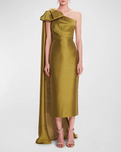 Marchesa Notte One-shoulder Draped Column Midi Dress In Olive