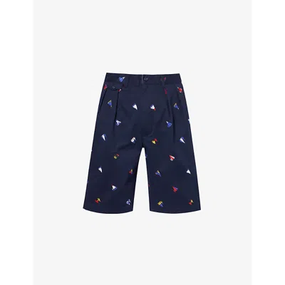 Beams Plus Mens Navy Pleated Cotton-blend Shorts